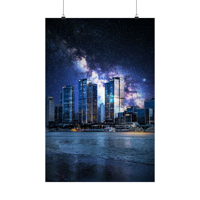 Space Cityscape on the Shore Poster - Neon Sci-Fi Coast Art Print