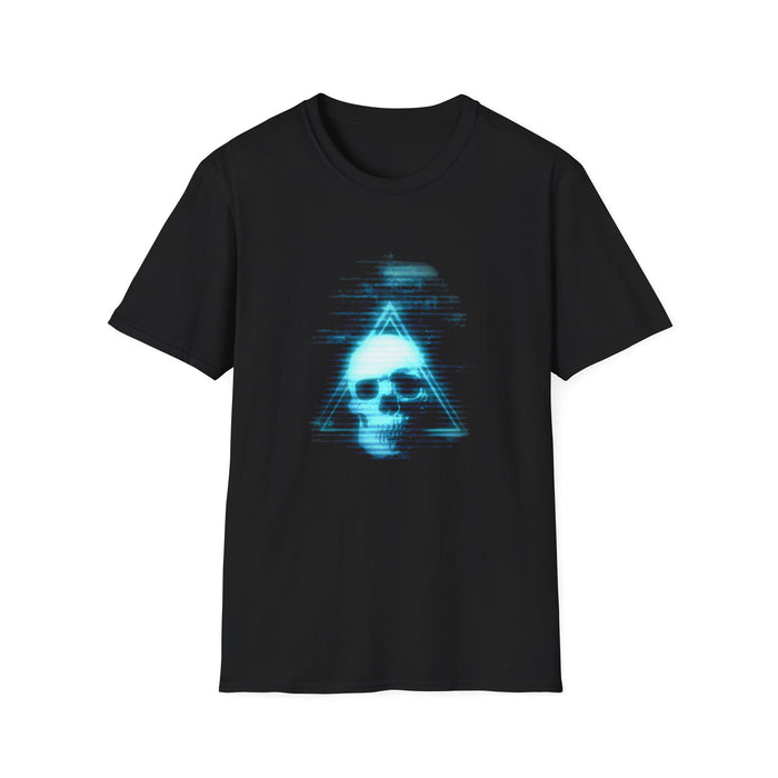 Neon Blue Glitch Triangle Skull Tee - Pastel Vaporwave CRT Shirt