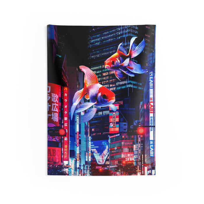 Japanese City Punk FX.2 Koi Attack Tapestry - Neon Cyberpunk Wall Hanging