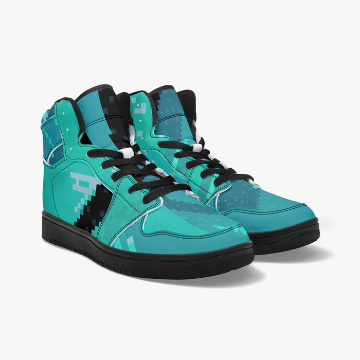Crystal Bitmap High-Top Sneakers - Teal Pixel Art by Kiyo Arts