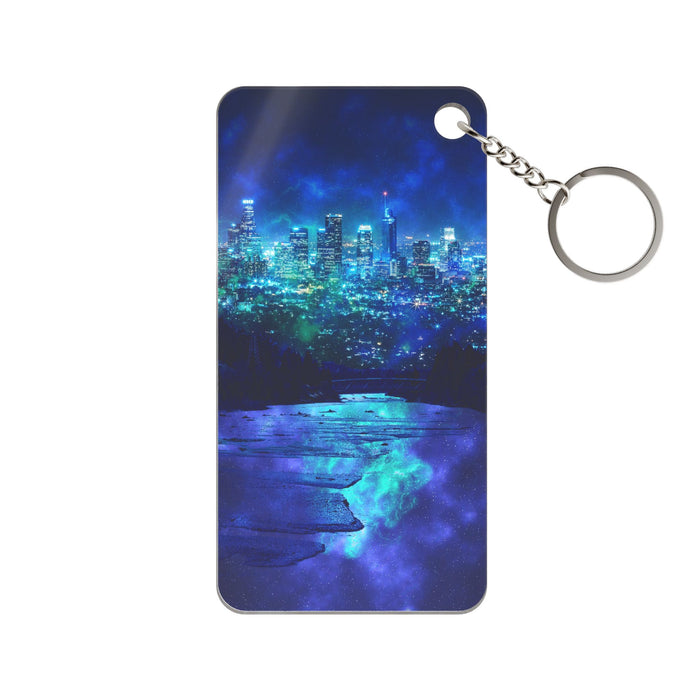 Cosmic Frosted City Keychain - Galactic Skyline Acrylic Charm