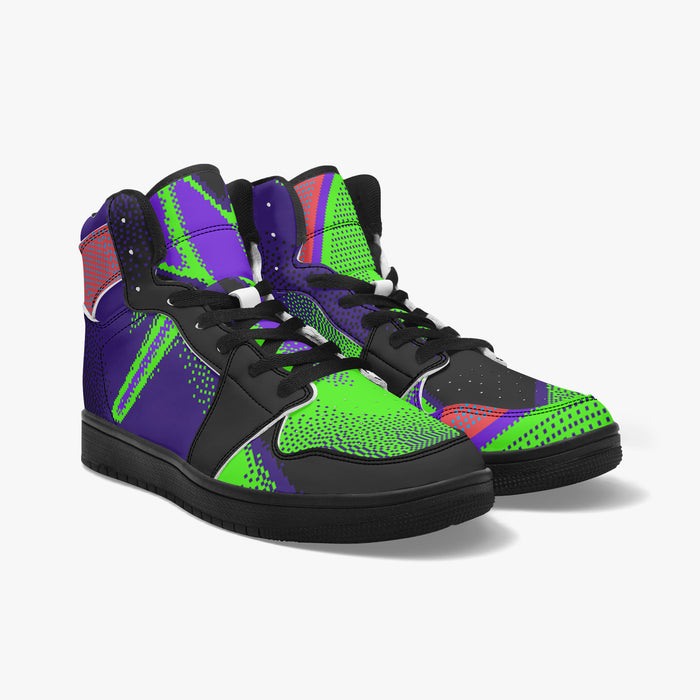 90s Paranoia High-Top Sneakers - Retro Purple & Green Glitch Art by Kiyo Arts
