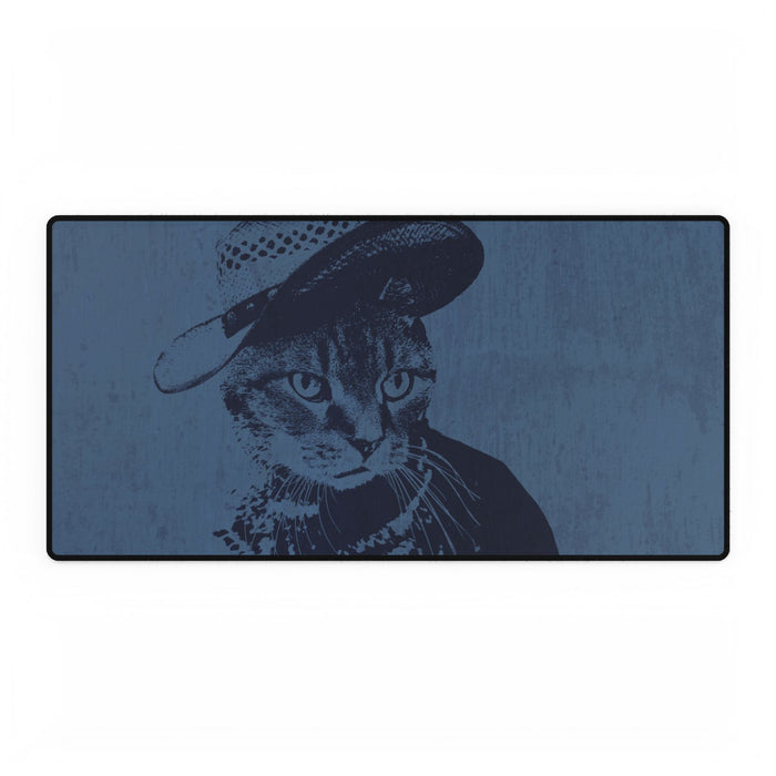Grey Tabby Cat Mouse Pad - Cat in a Hat Blue Monochrome Desk Mat by Kiyo Arts