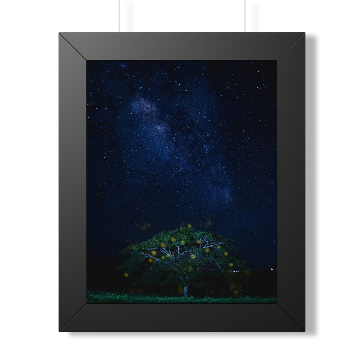 Great Fairy Tree framed poster by Kiyo Arts, a wide tree glowing with small lights under the Milky Way