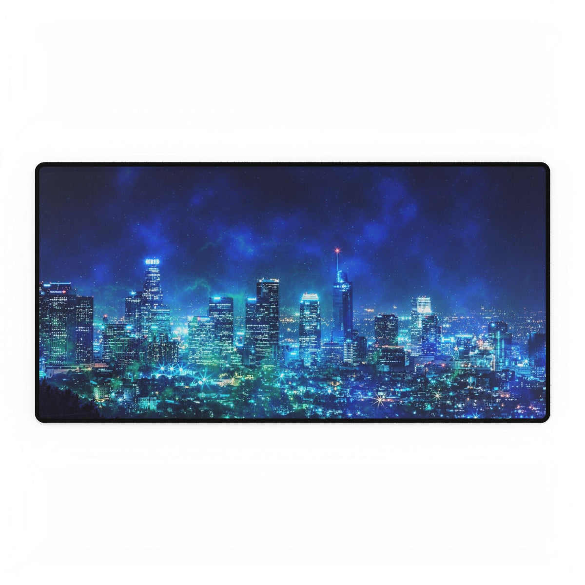 Cosmic Frosted City skyline desk mat by Kiyo Arts, a blue city at night