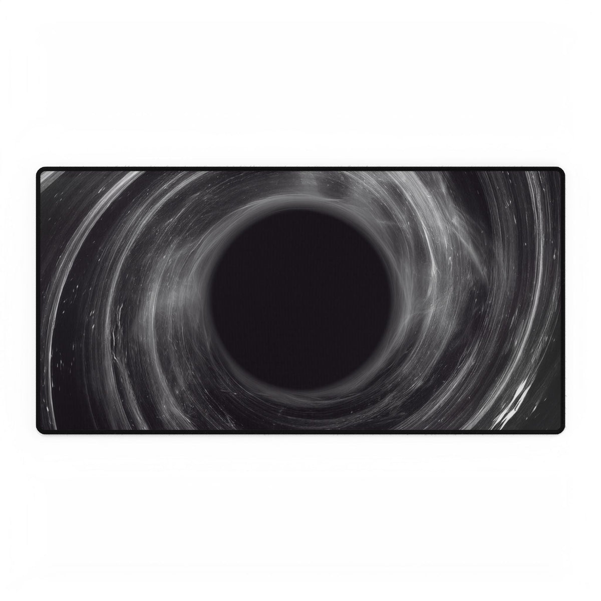 Black and white gaming setup: Deep Space Black Hole desk mat by Kiyo Arts