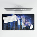 Space Cityscape on the Shore Desk Mat - Futuristic Neon Coast Mouse Pad