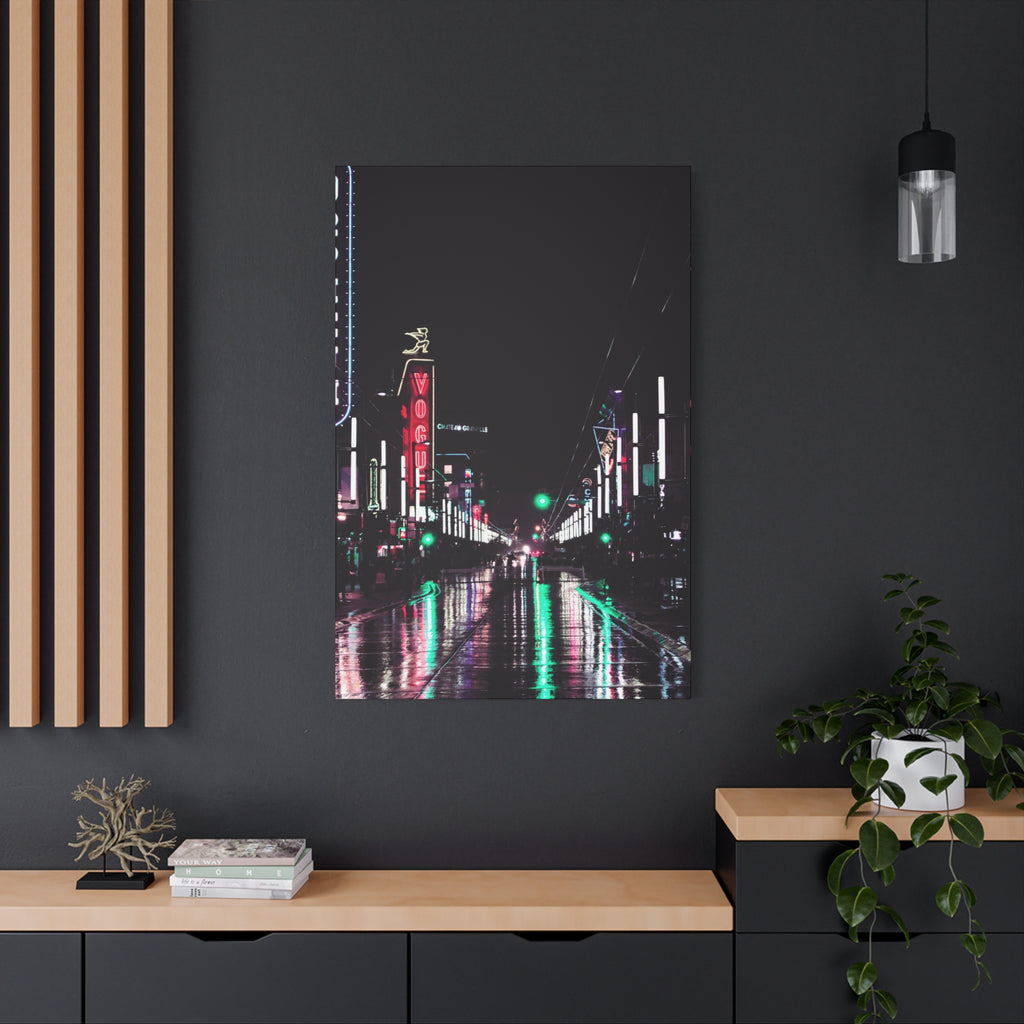 Cyberpunk Slick Street Canvas Wall Art - Neon Alley Decor