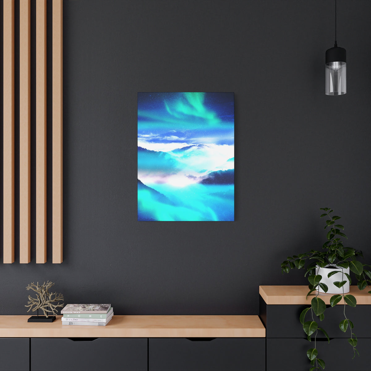 Starry Mountain Sky Canvas Wall Art - Aurora Borealis Decor