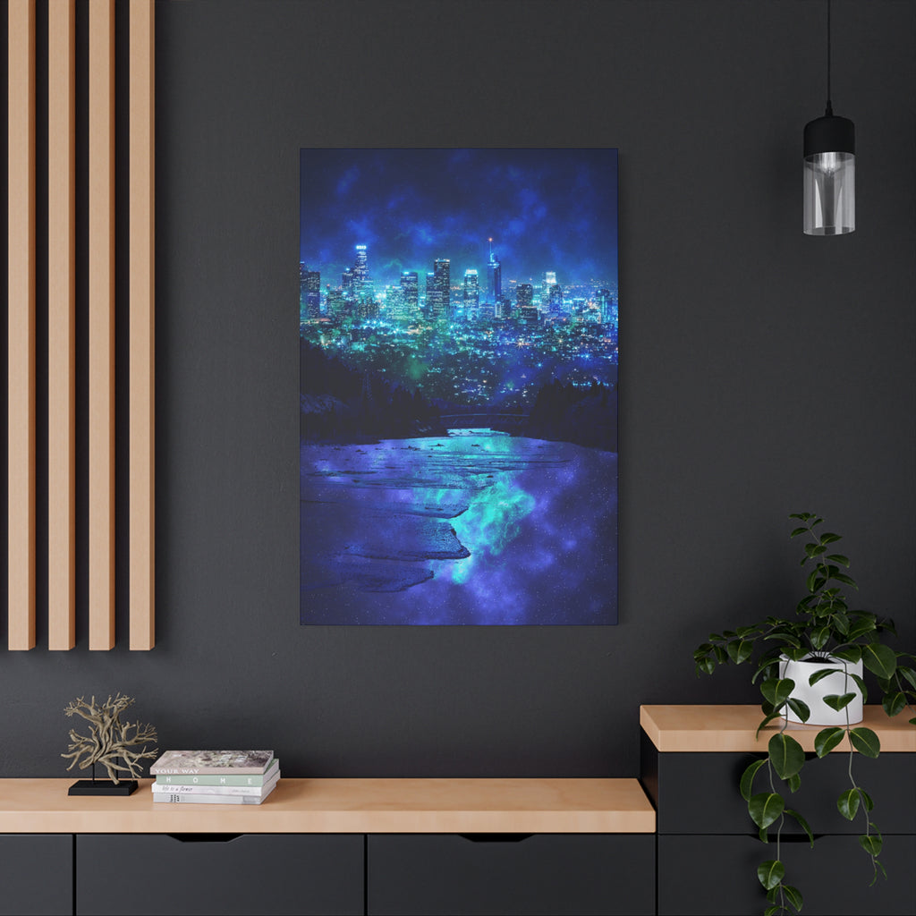 Cosmic Frosted City Canvas Art - Winter Metropolitan Nightscape