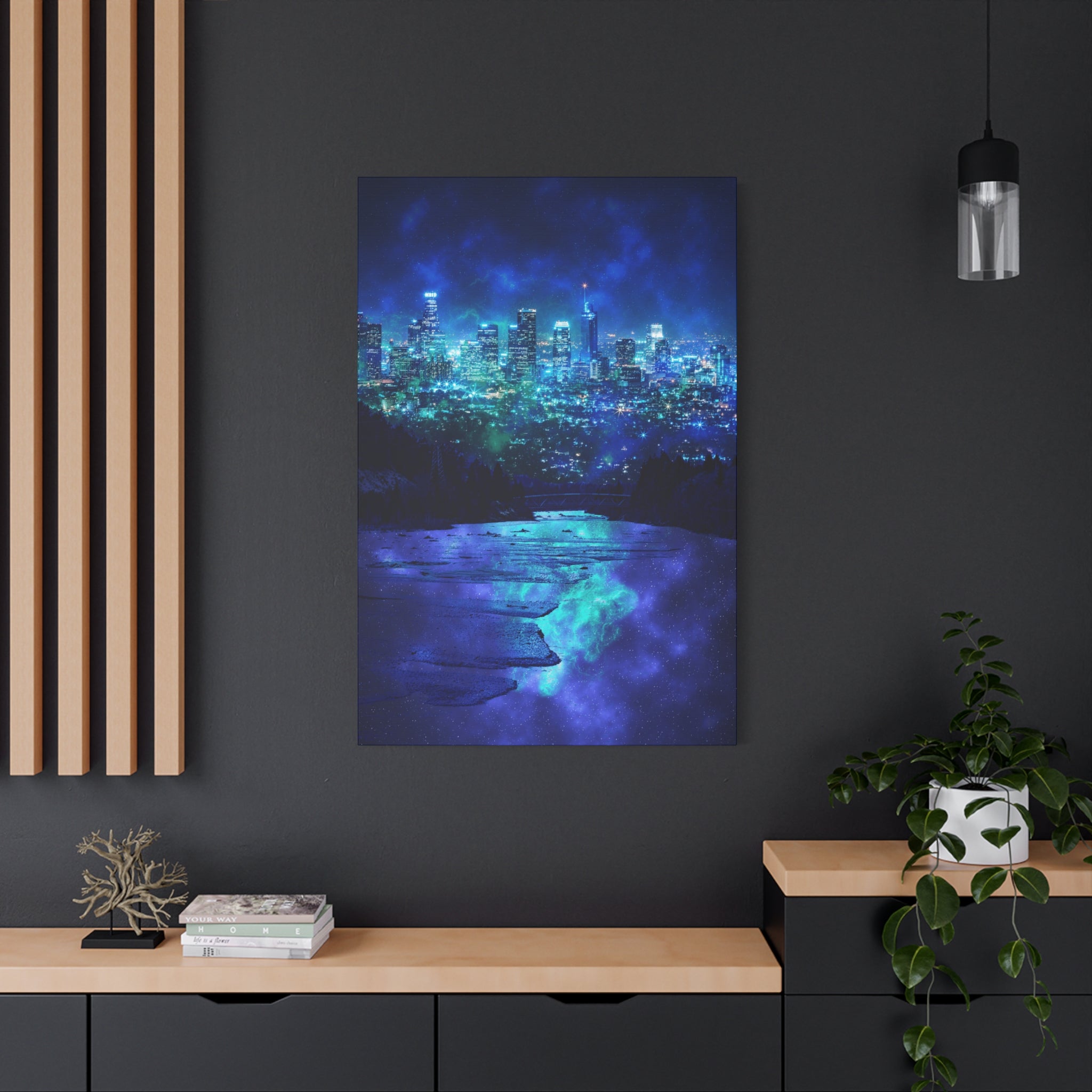 Cosmic Frosted City Canvas Art - Winter Metropolitan Nightscape