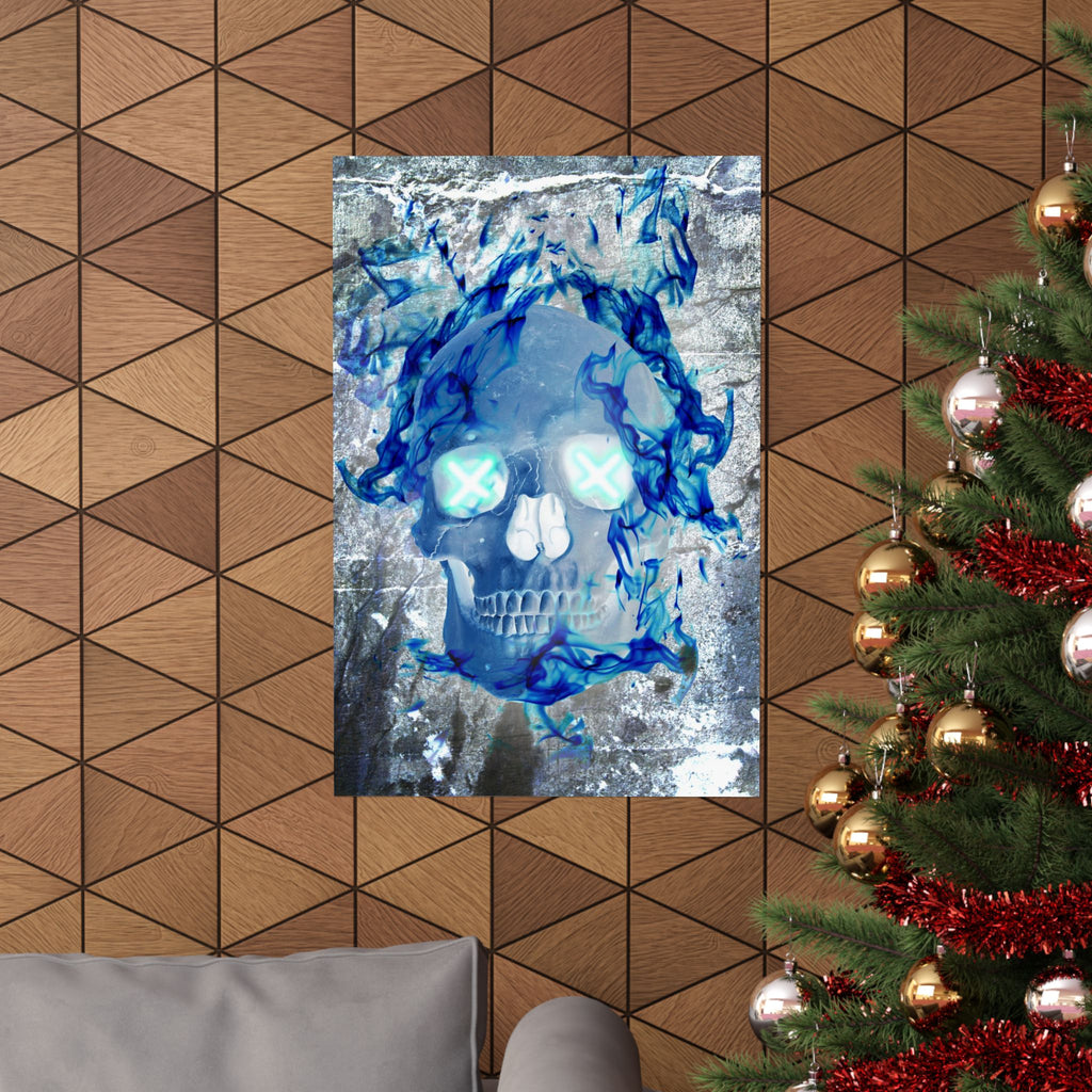Blue Flame Skull Poster Print - Gothic Fire Skull Art