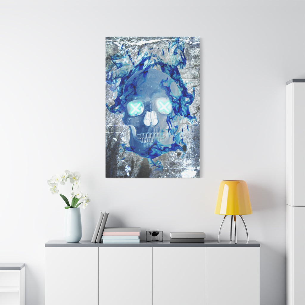 Blue Flame Skull Gothic Canvas Art - Edgy Fire Skeleton Decor