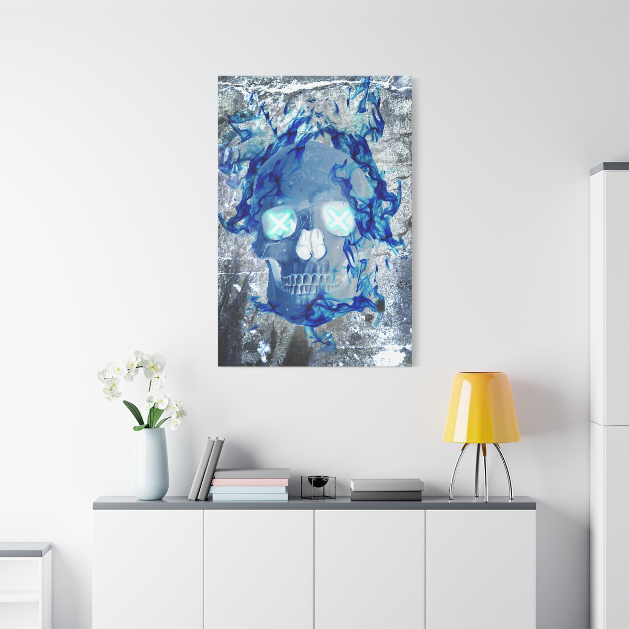 Blue Flame Skull Gothic Canvas Art - Edgy Fire Skeleton Decor