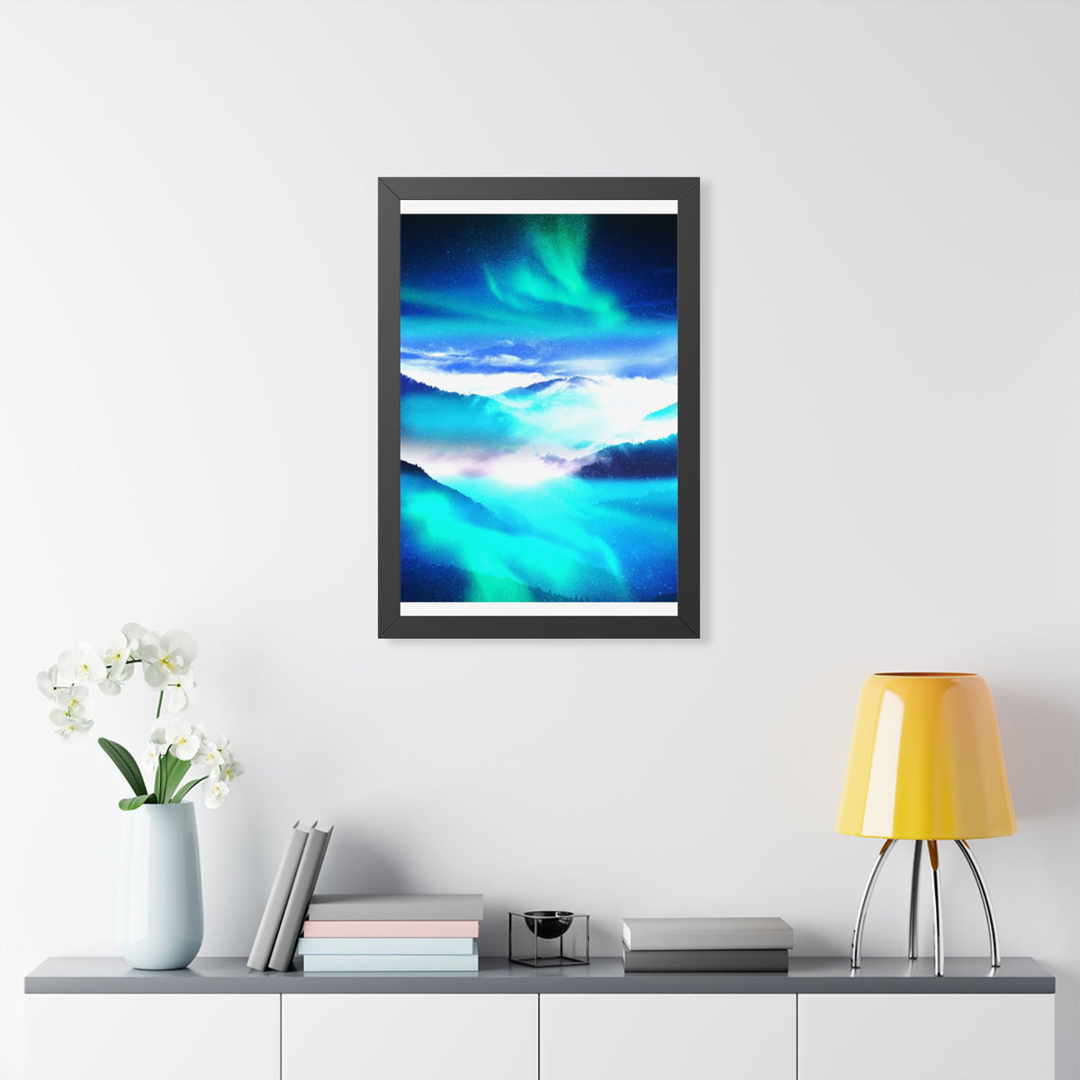 Starry Mountain Sky Framed Poster - Aurora Borealis Wall Art