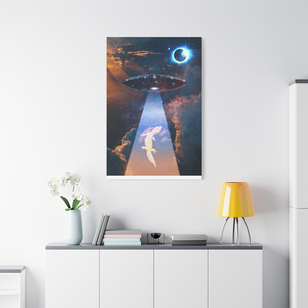 Space Lizards Canvas Wall Art - Lizard Being Abducted Ufo Decor
