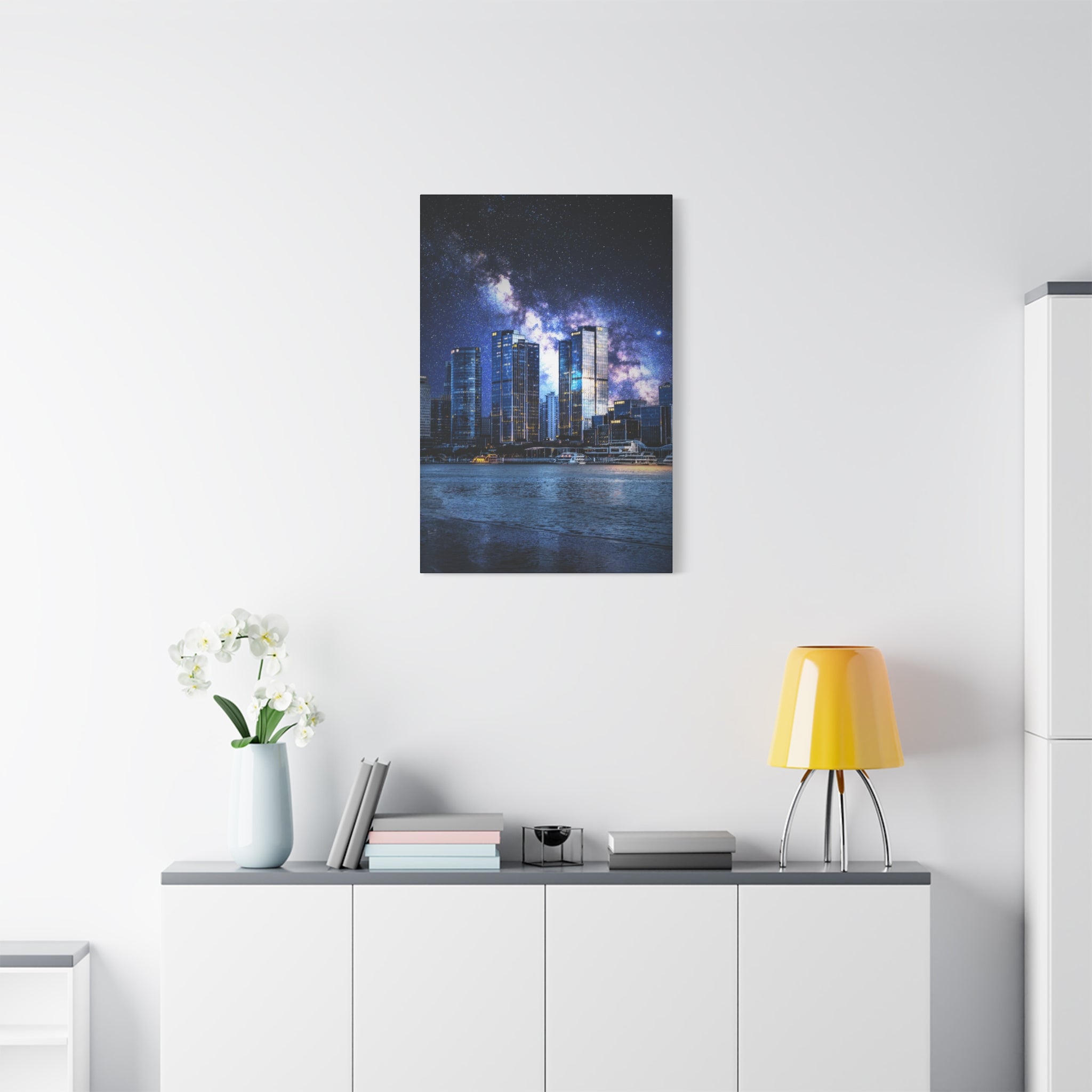 Space Cityscape on the Shore Canvas Wall Art - Neon Sci-Fi Coast Decor