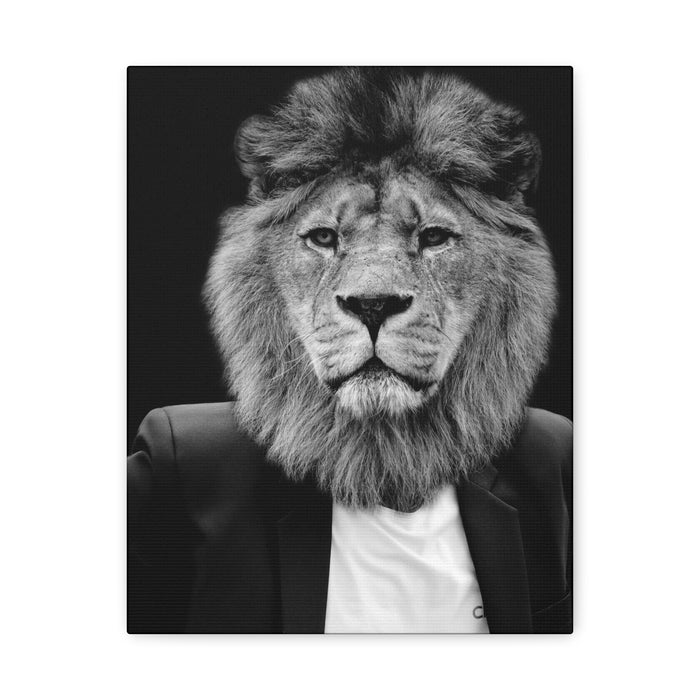 Lion in a Suit Canvas Wall Art - Modern Quirky Animal Portrait