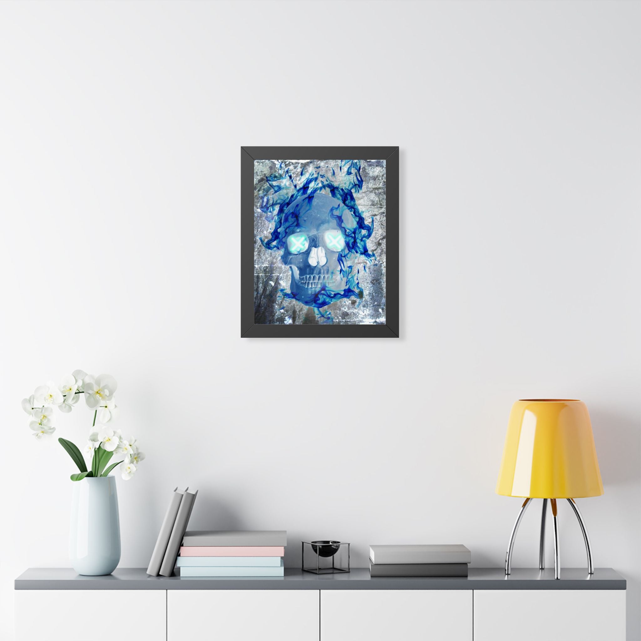 Blue Flame Skull Framed Poster - Gothic Fire Skull Wall Art