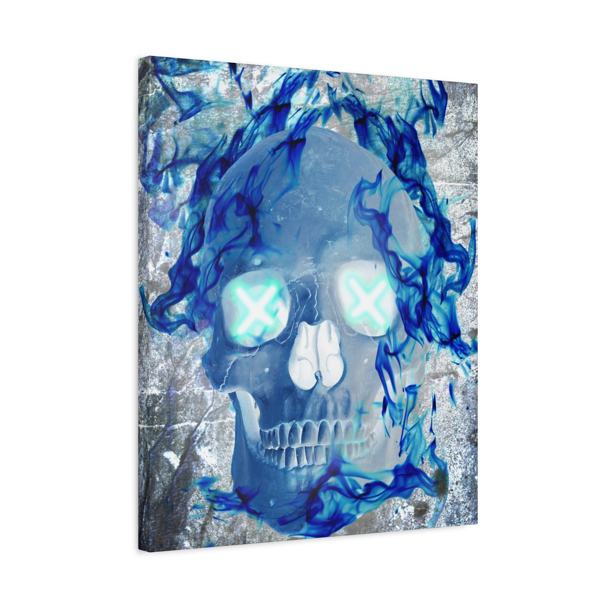 Blue Flame Skull Canvas Wall Art - Gothic Dark Fantasy Decor