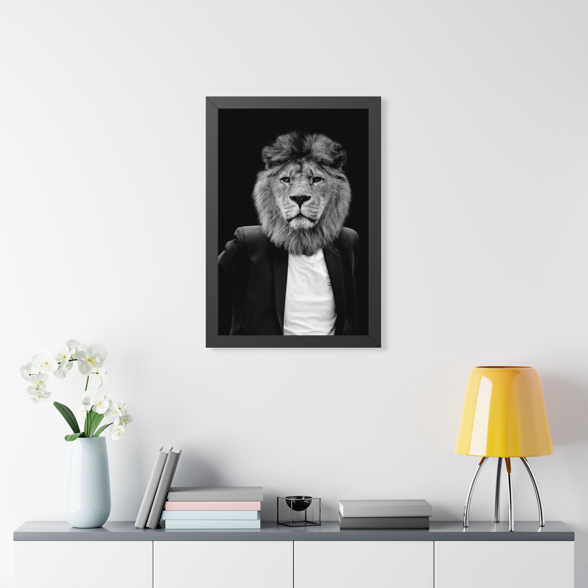 Lion in a Suit Framed Poster - Majestic Business Animal Wall Art