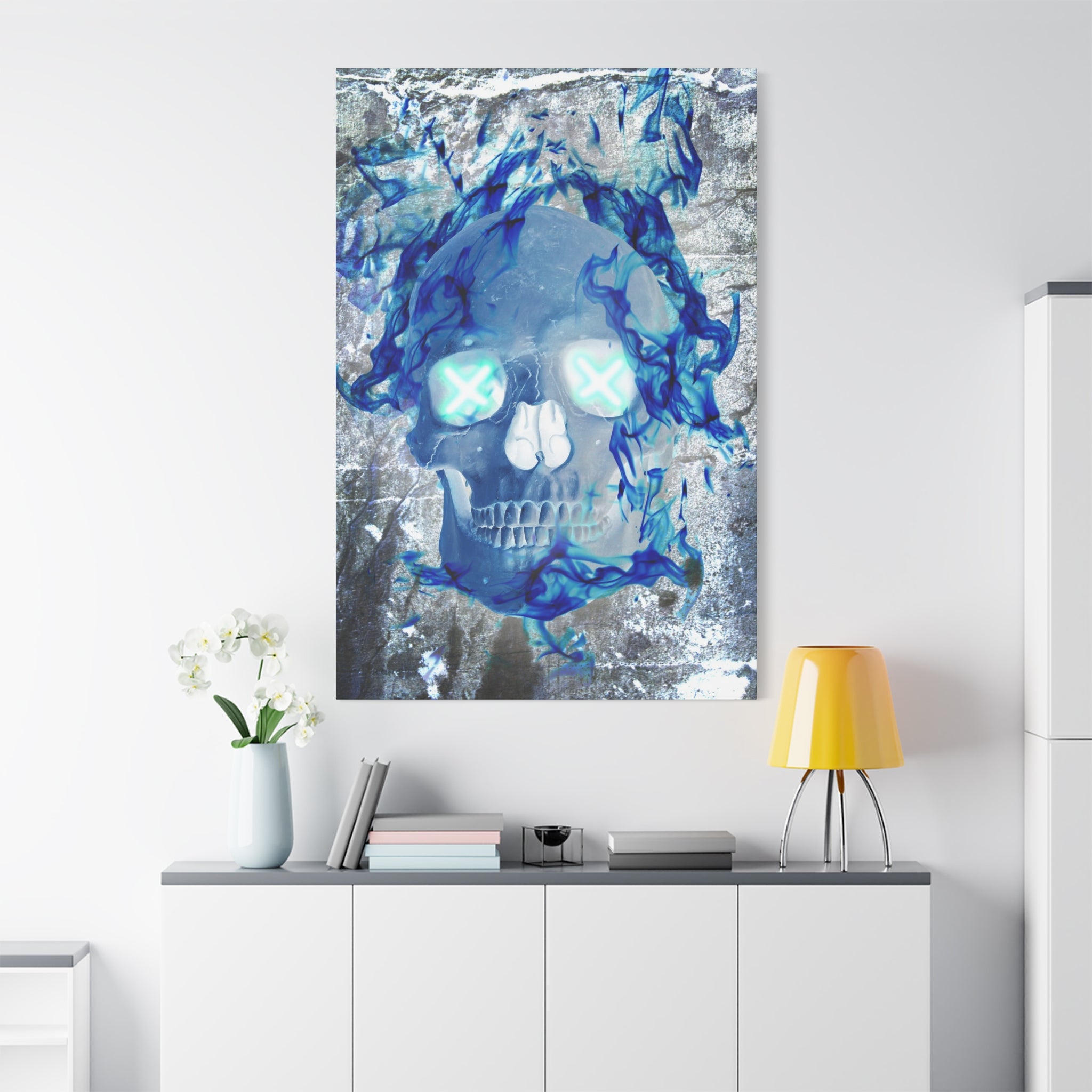 Blue Flame Skull Canvas Wall Art - Gothic Dark Fantasy Decor