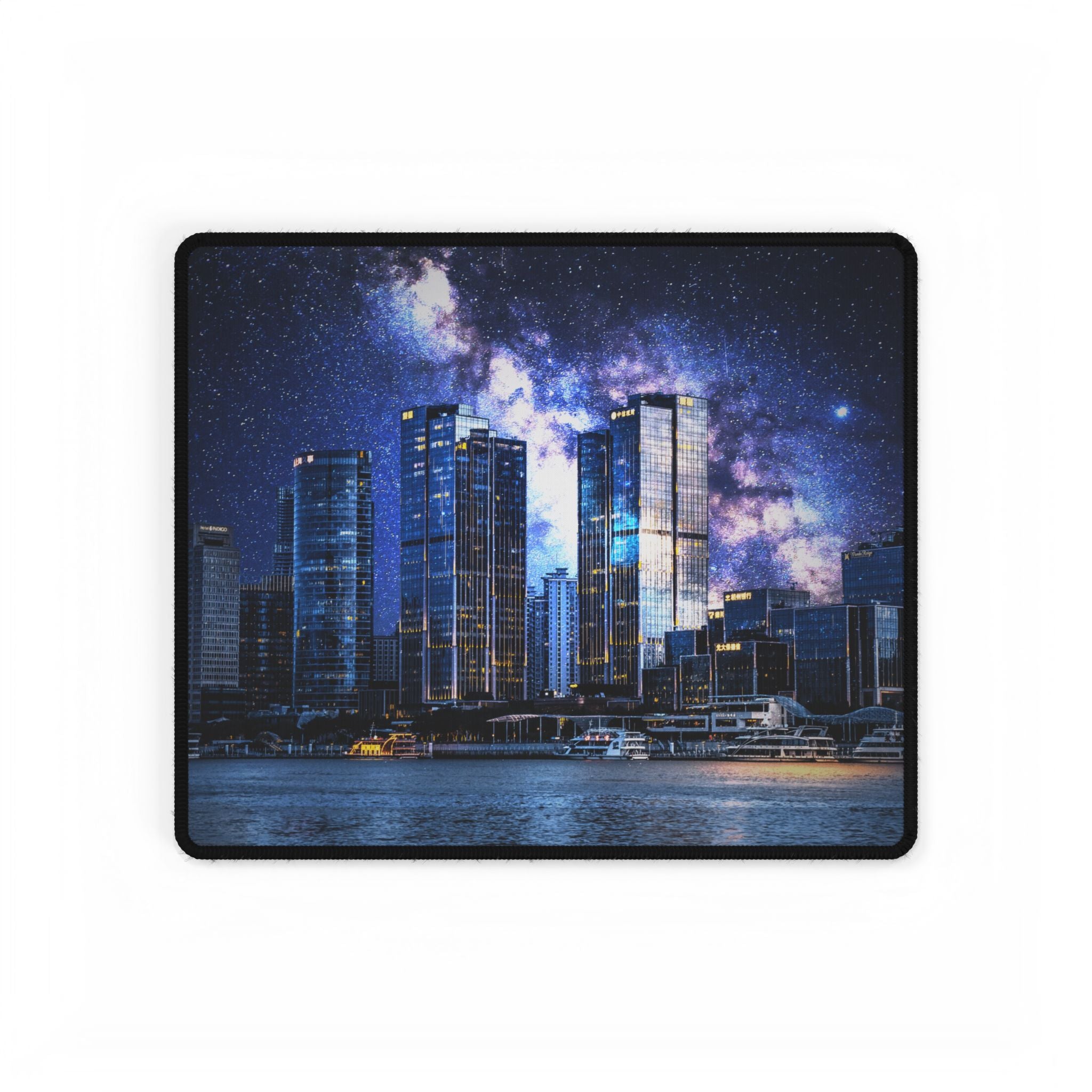 Space Cityscape on the Shore Desk Mat - Futuristic Neon Coast Mouse Pad