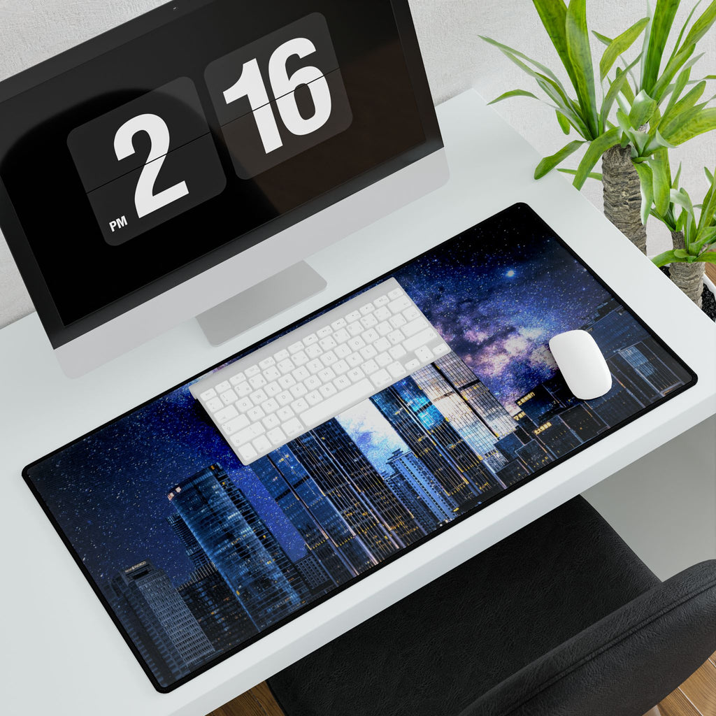Space Cityscape on the Shore Desk Mat - Futuristic Neon Coast Mouse Pad