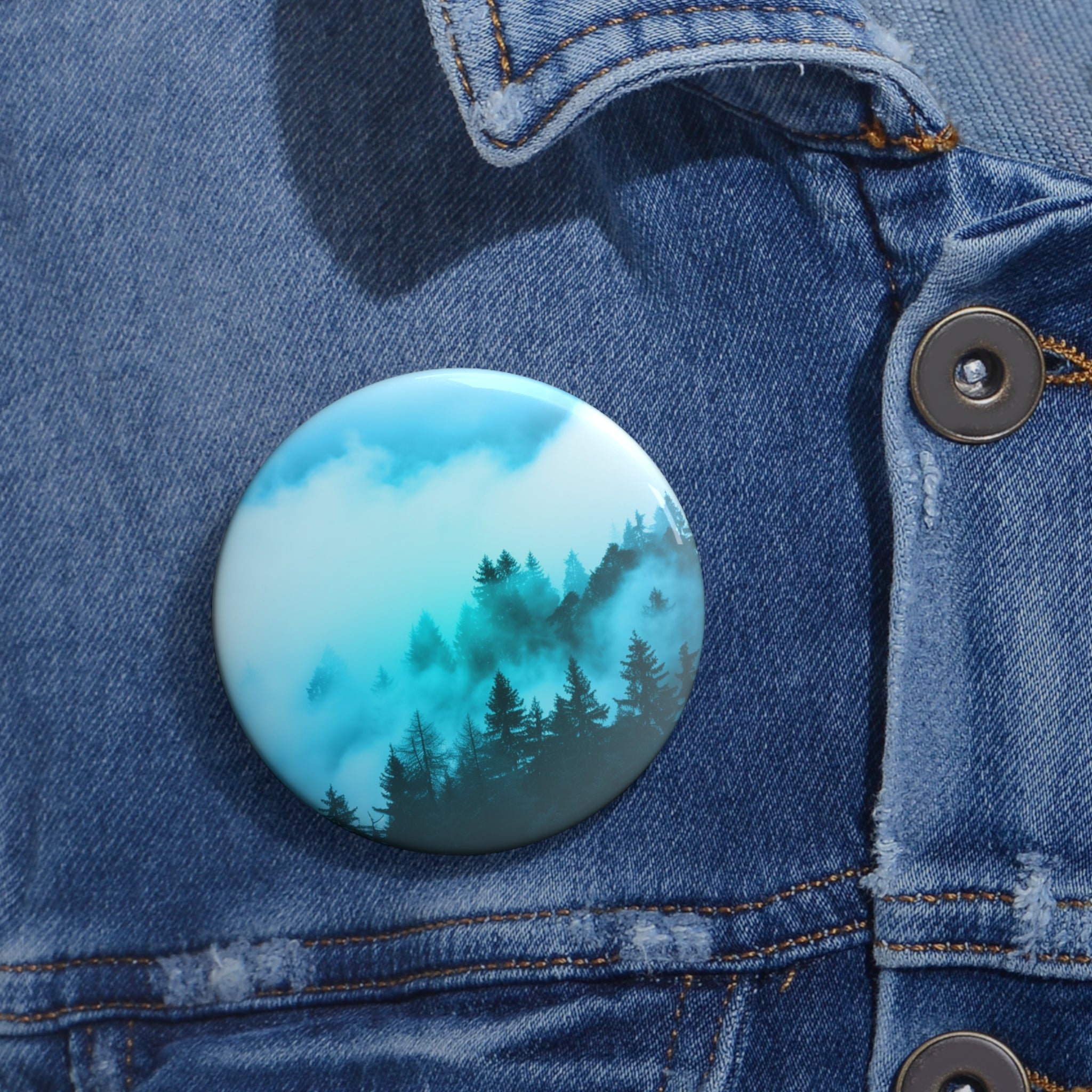 Misty Blue Mountain Fog Pin - Landscape Art Button