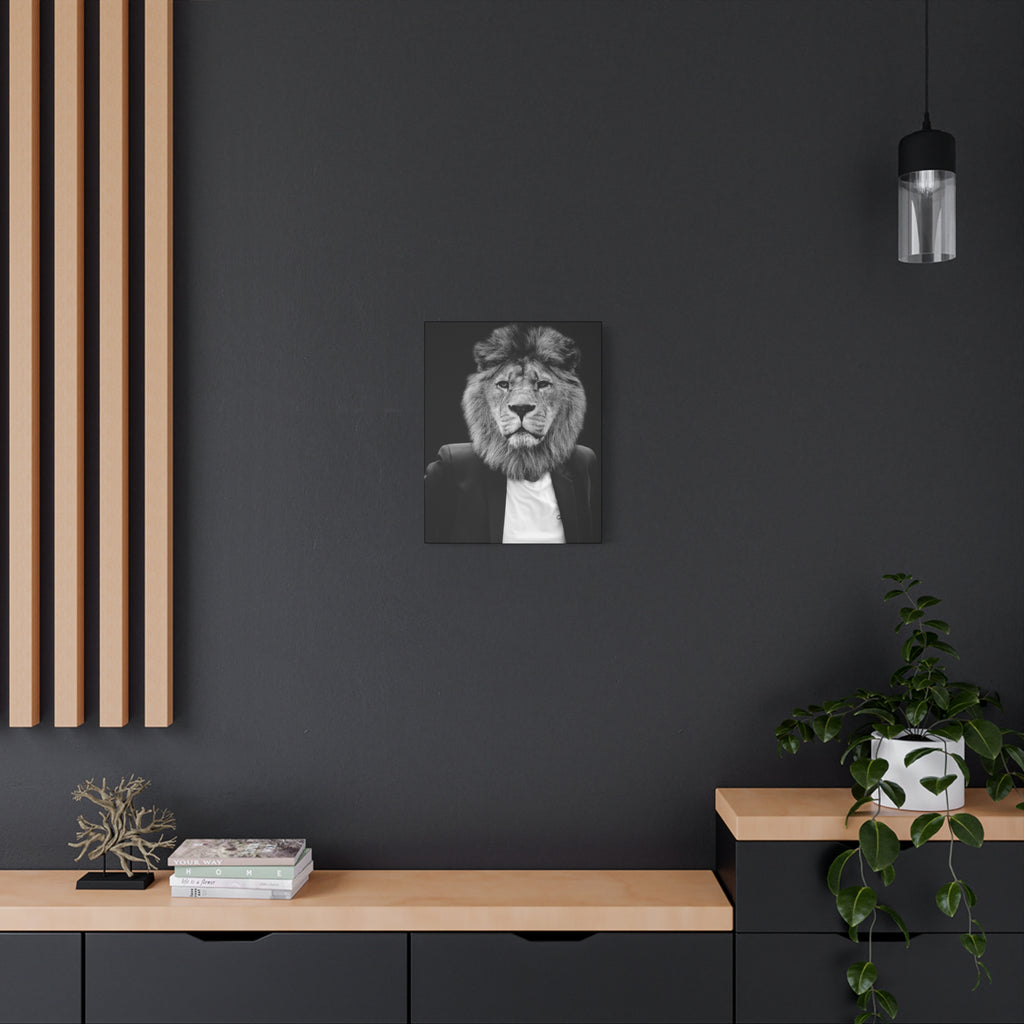 Lion in a Suit Canvas Wall Art - Modern Quirky Animal Portrait