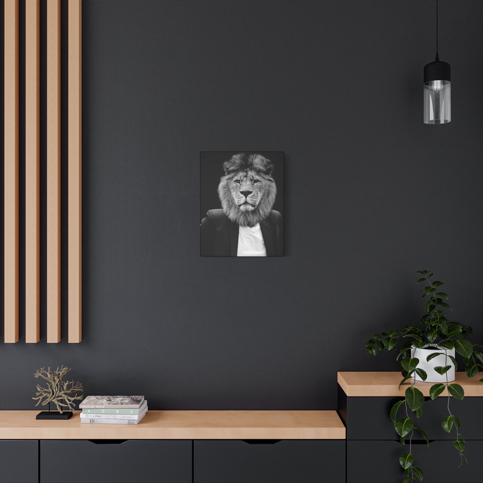 Lion in a Suit Canvas Wall Art - Modern Quirky Animal Portrait