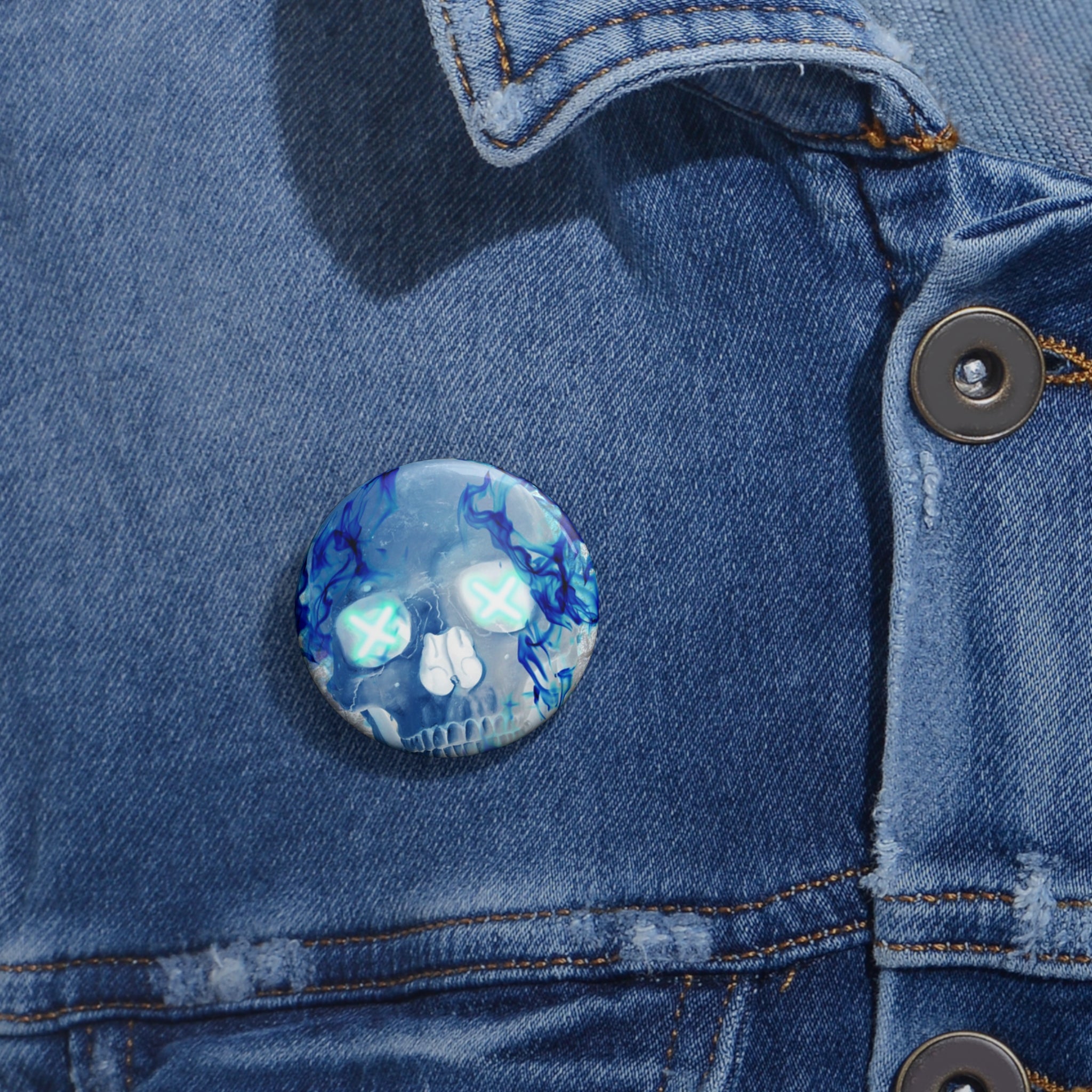 Blue Flame Skull Pin - Gothic Fire Art Button