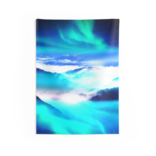 Starry Mountain Sky Tapestry - Aurora Borealis Wall Hanging