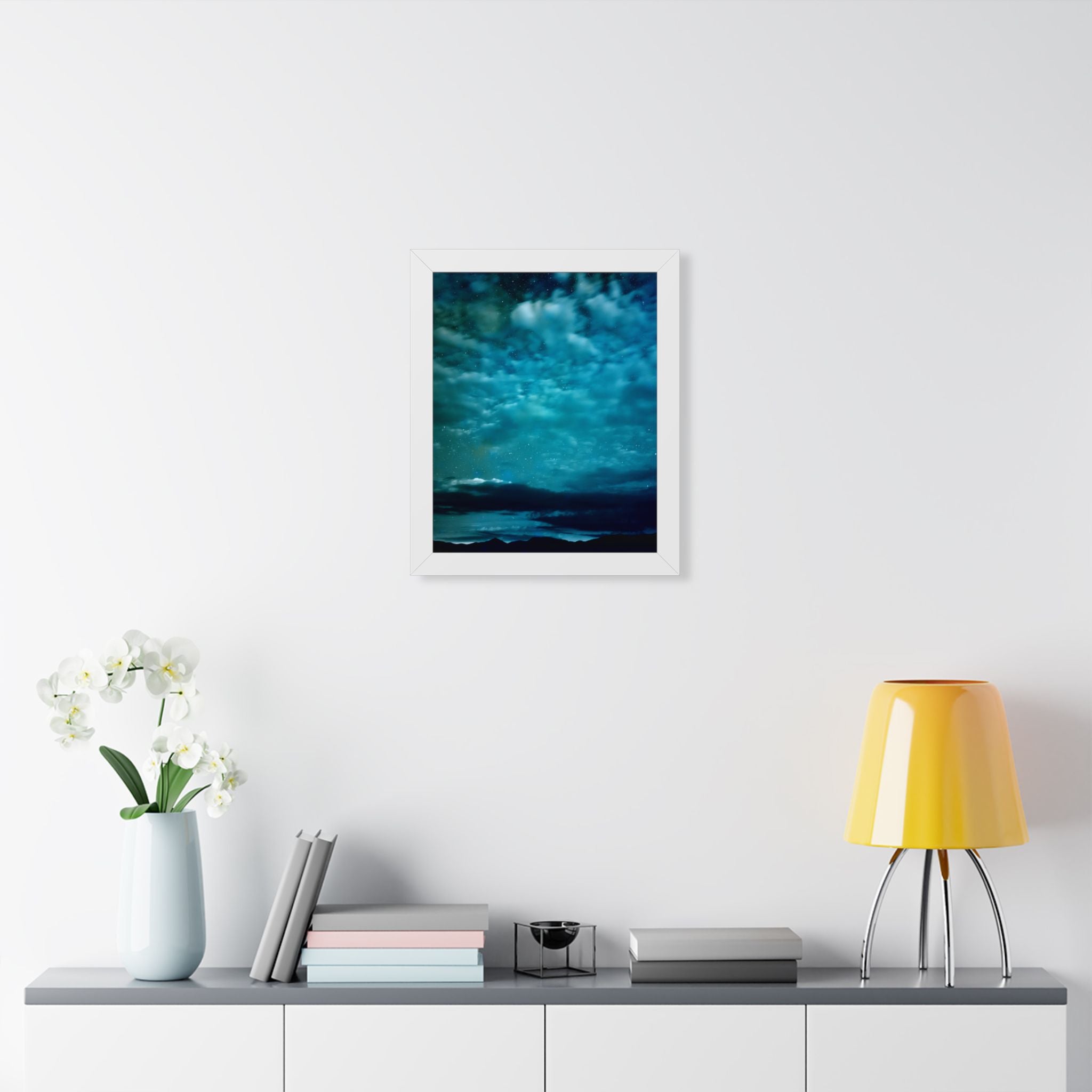 Serene Blue Sunrise Framed Poster - Calm Lake Landscape Wall Art