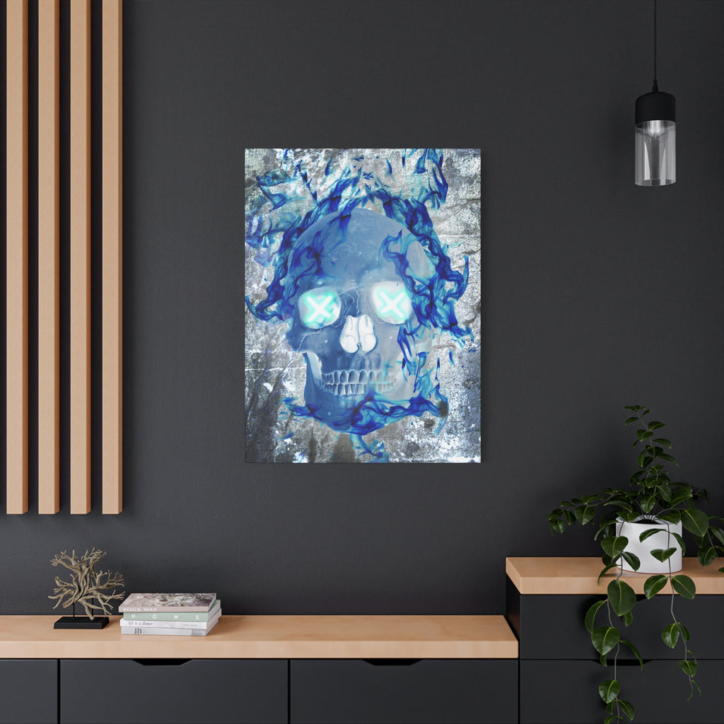 Blue Flame Skull Gothic Canvas Art - Edgy Fire Skeleton Decor