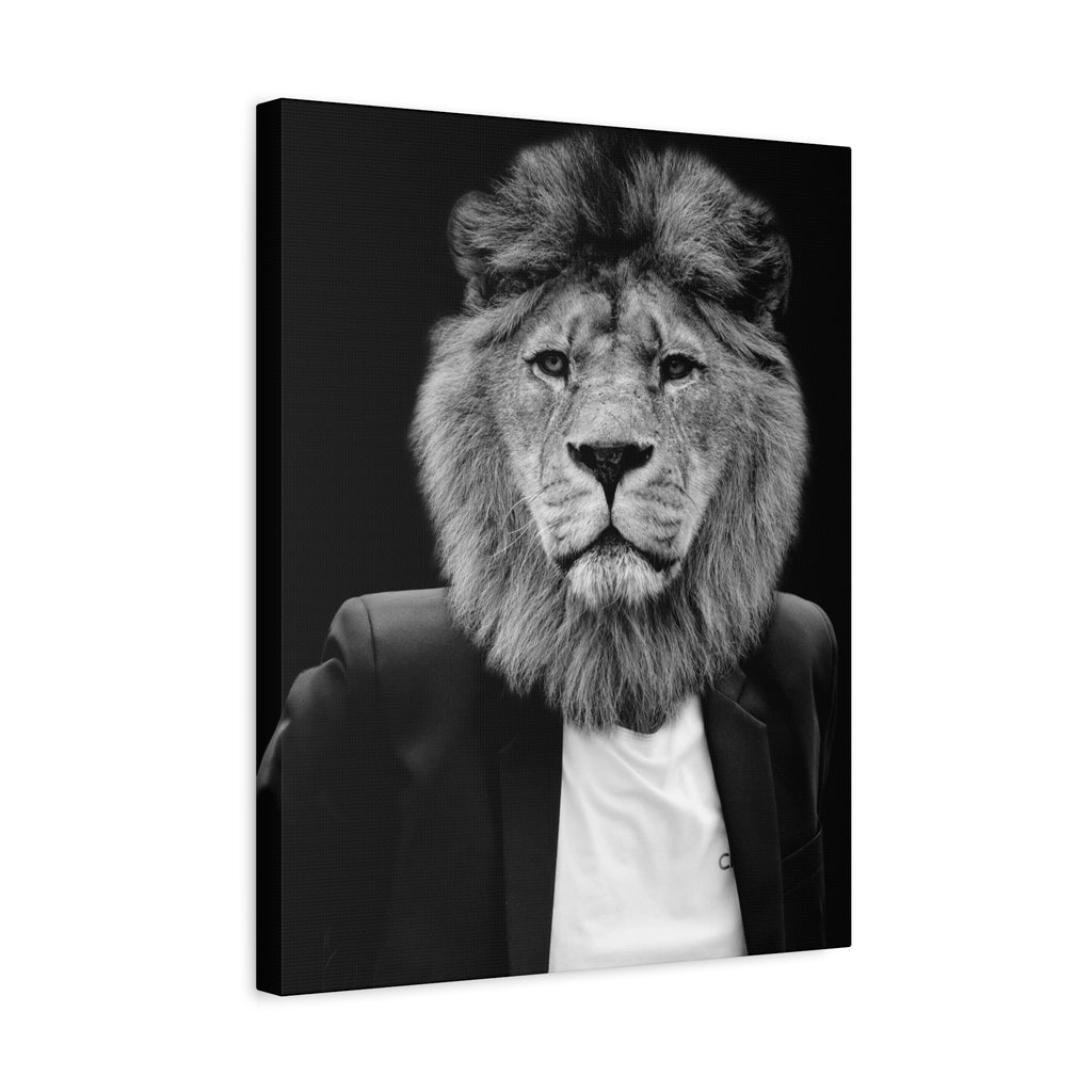 Lion in a Suit Canvas Wall Art - Modern Quirky Animal Portrait