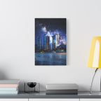 Space Cityscape on the Shore Canvas Wall Art - Neon Sci-Fi Coast Decor