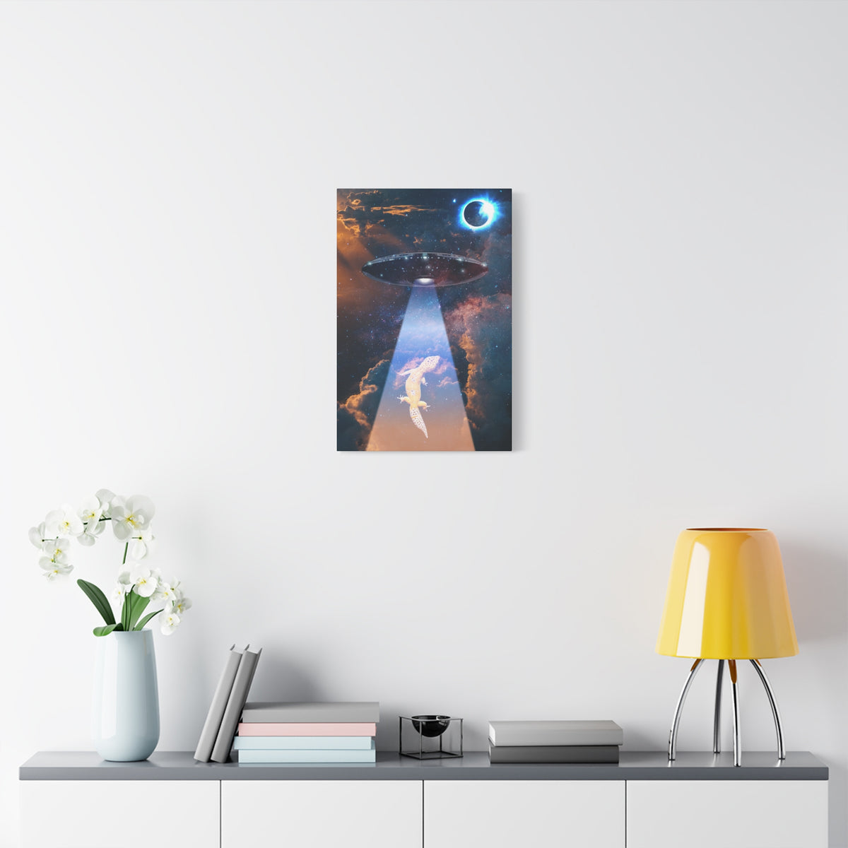 Space Lizards Canvas Wall Art - Lizard Being Abducted Ufo Decor