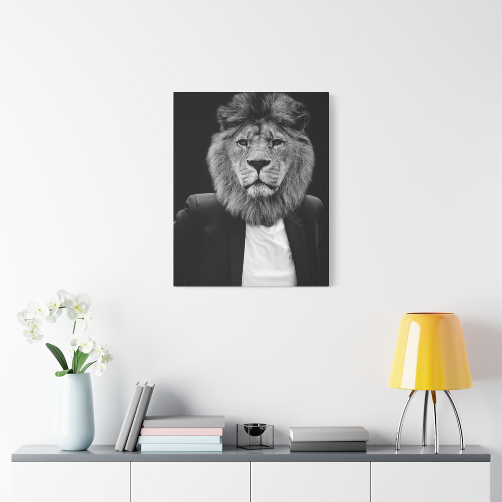 Lion in a Suit Canvas Wall Art - Modern Quirky Animal Portrait