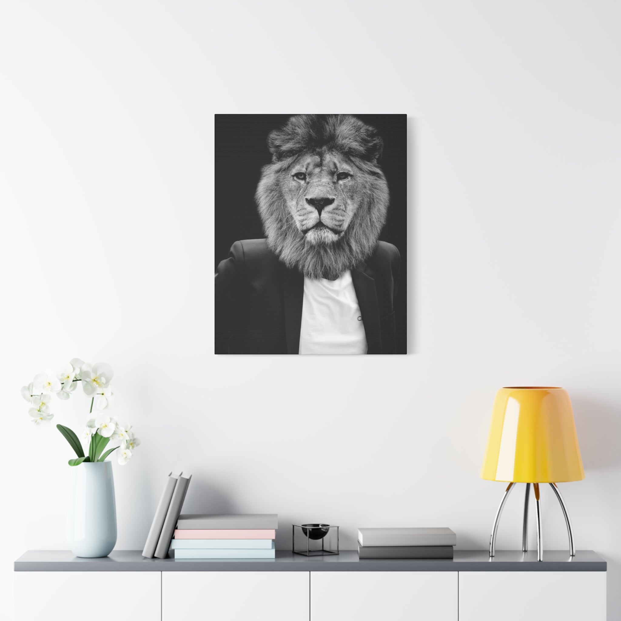 Lion in a Suit Canvas Wall Art - Modern Quirky Animal Portrait