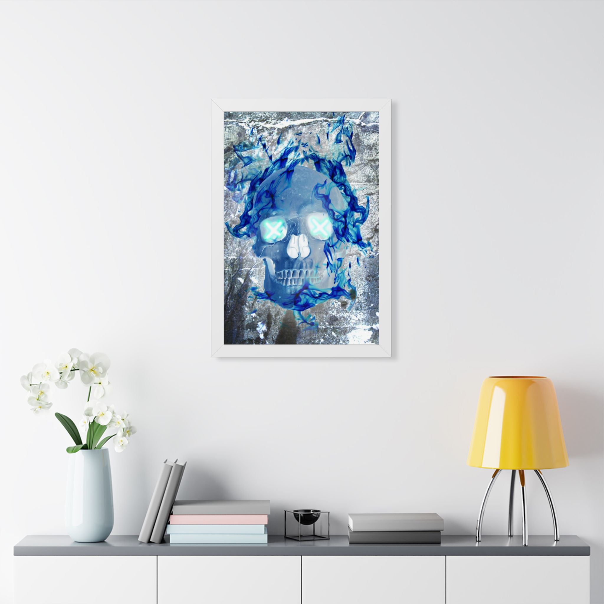 Blue Flame Skull Framed Poster - Gothic Fire Skull Wall Art