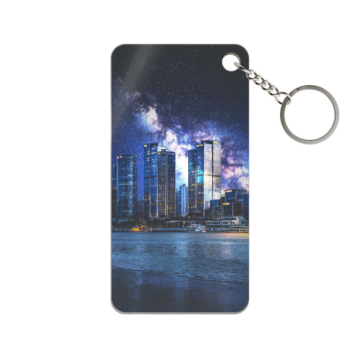 Space Cityscape on the Shore Keychain - Neon Sci-Fi Coast Acrylic Charm