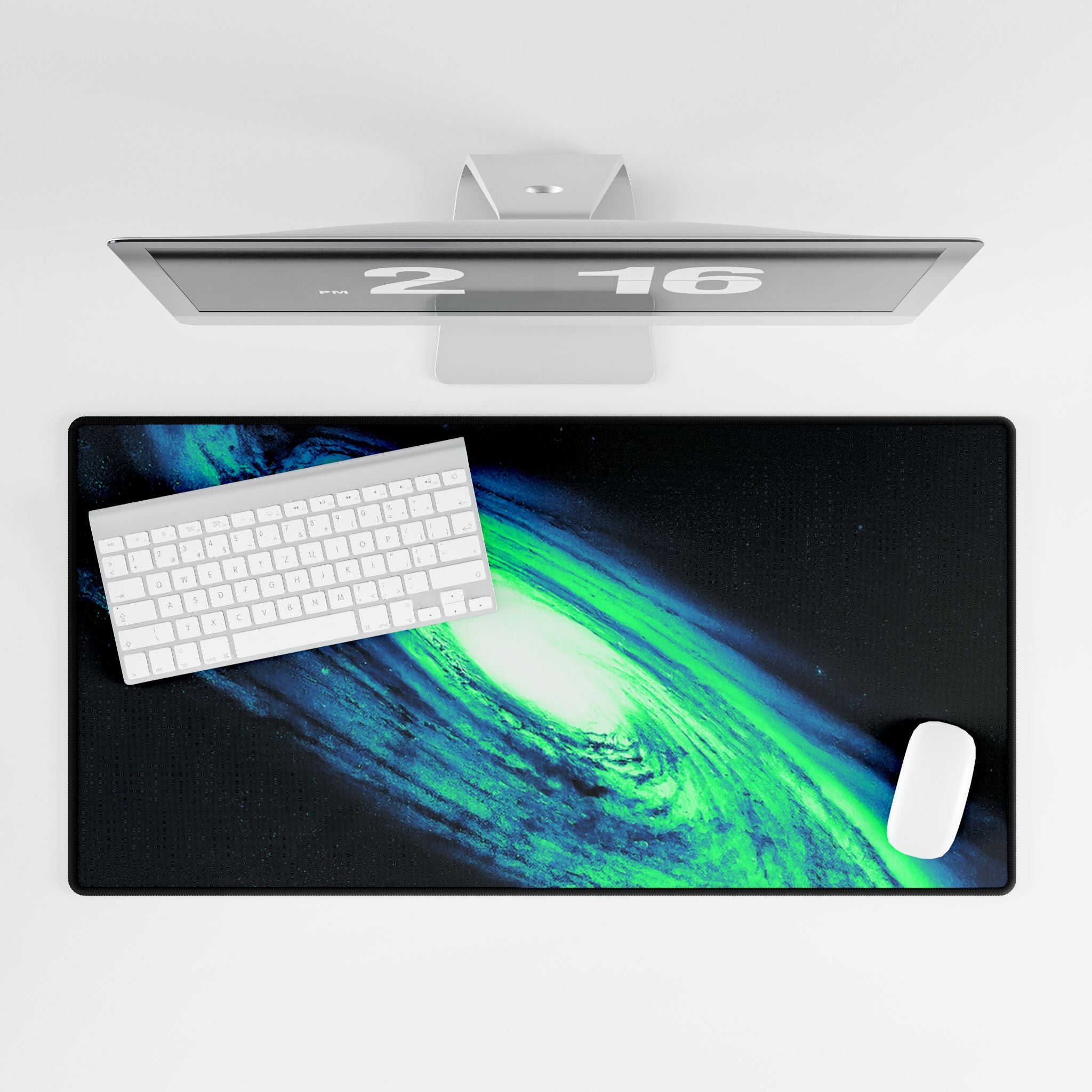 Vaporwave Green and Blue Spiral Galaxy Cosmic Desk Mat Mousepad