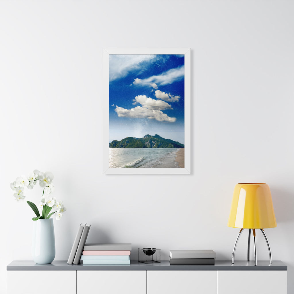 Star-Filled Shoreline Framed Vertical Poster - Stunning Ocean View Art for Home & Office Décor