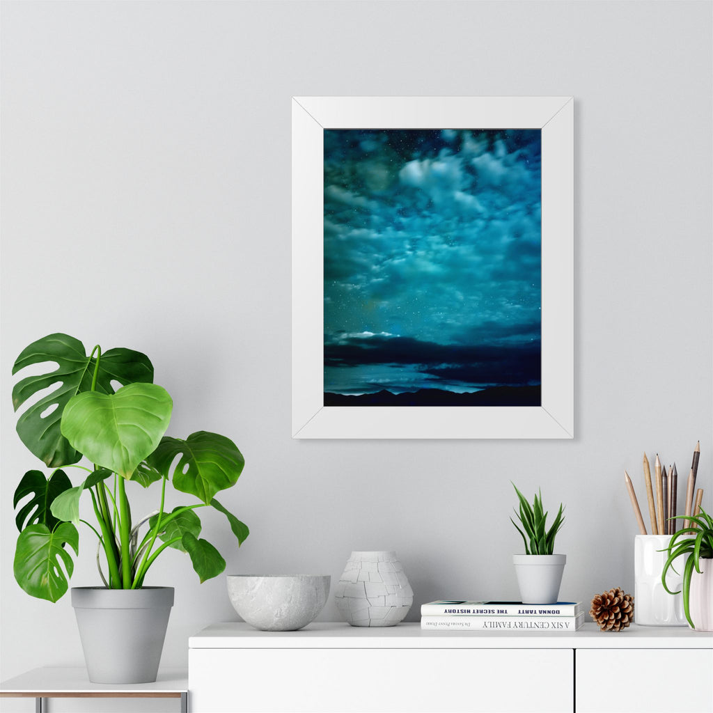 Serene Blue Sunrise Framed Poster - Calm Lake Landscape Wall Art