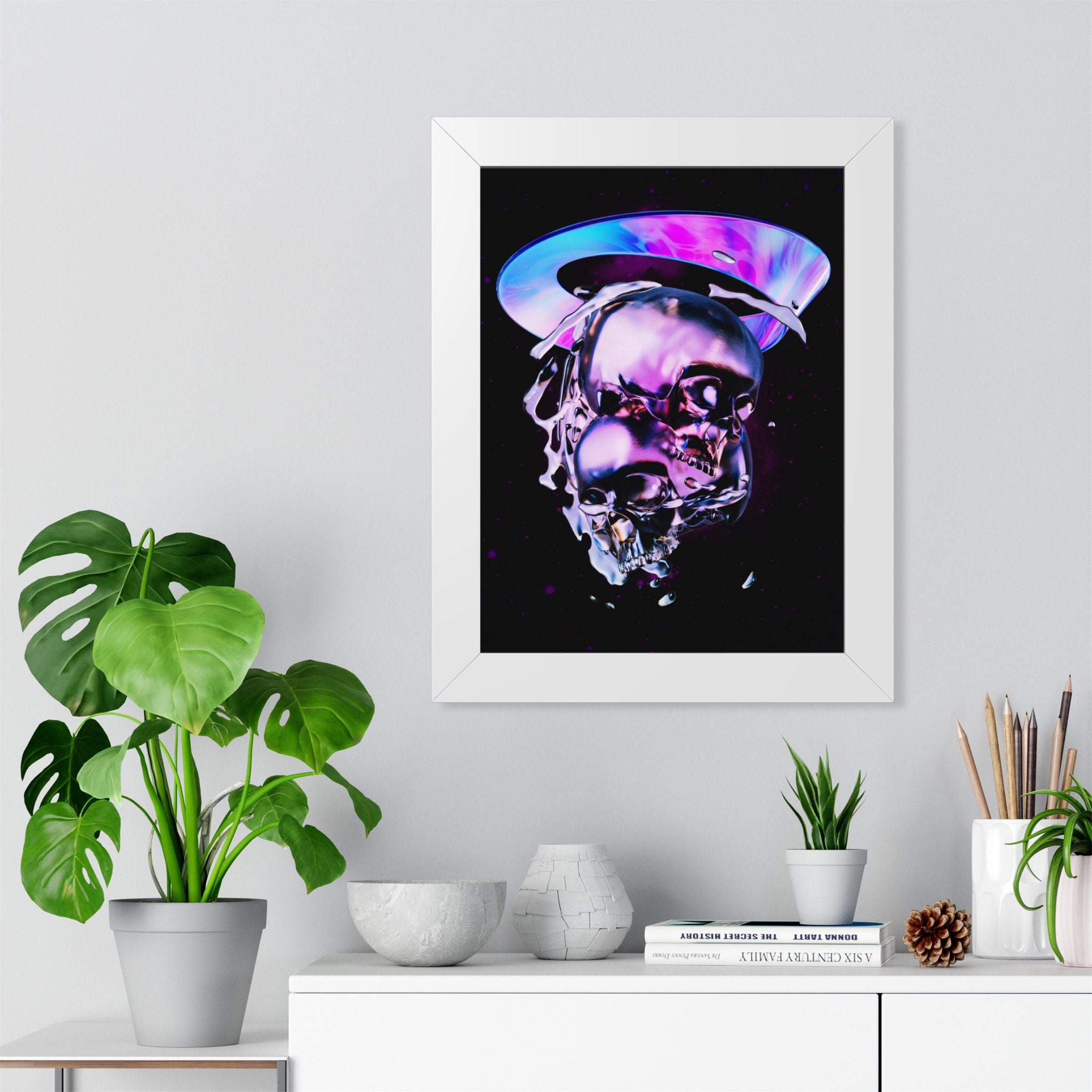 Melted Skeleton Skulls Framed Poster - Gothic Cosmic Skull Wall Art