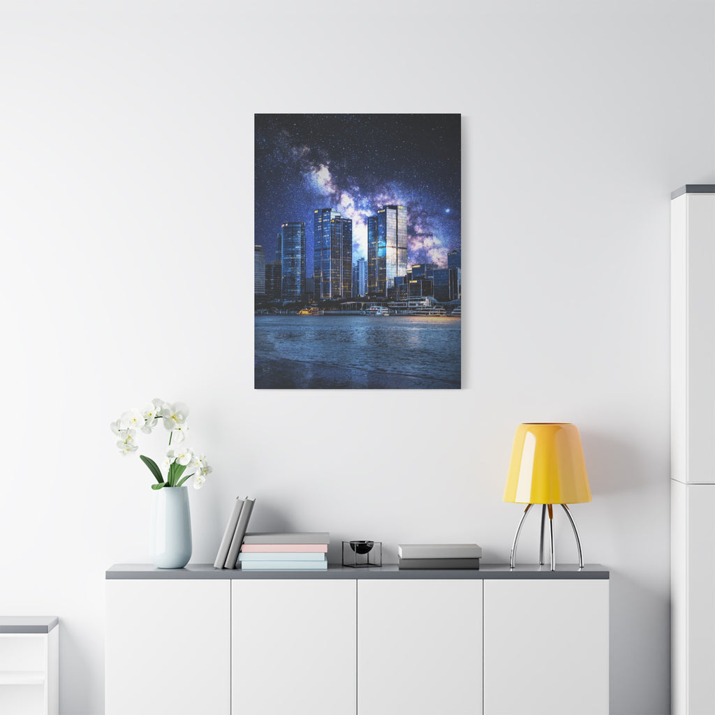Space Cityscape on the Shore Canvas Wall Art - Neon Sci-Fi Coast Decor