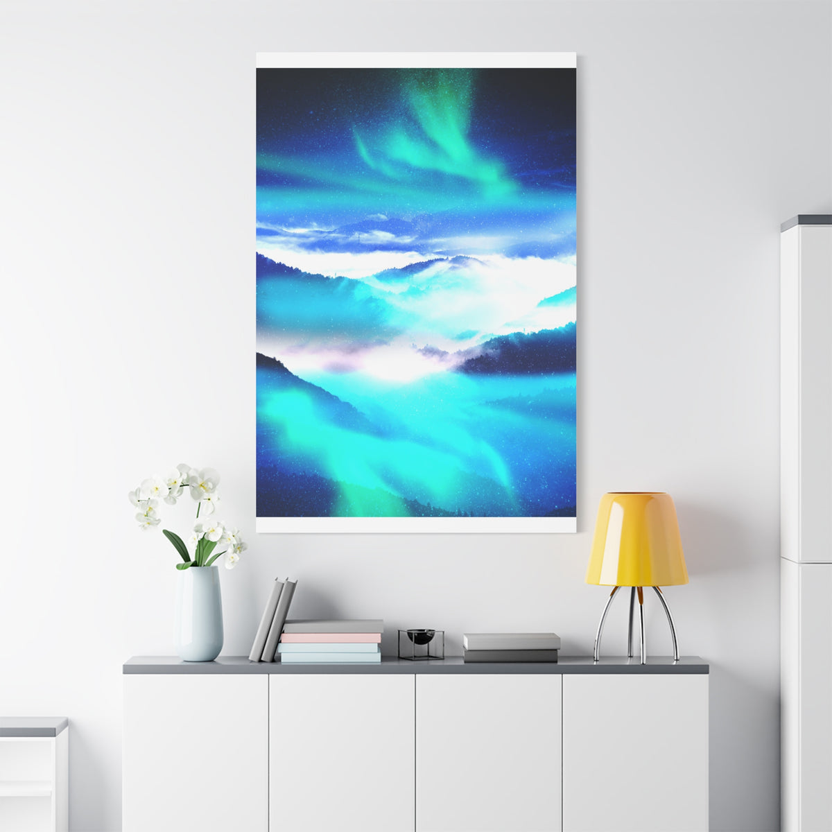 Starry Mountain Sky Canvas Wall Art - Aurora Borealis Decor