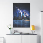 Space Cityscape on the Shore Canvas Wall Art - Neon Sci-Fi Coast Decor