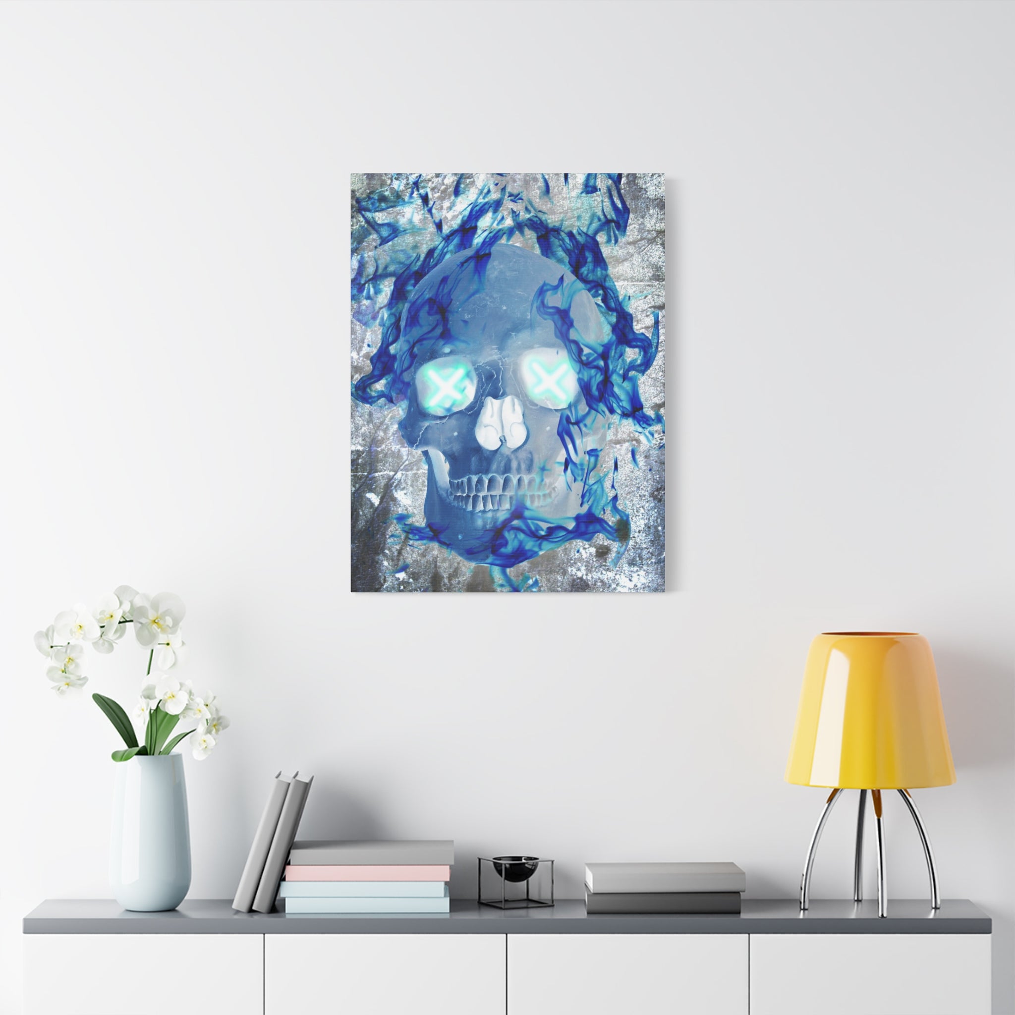 Blue Flame Skull Canvas Wall Art - Gothic Dark Fantasy Decor